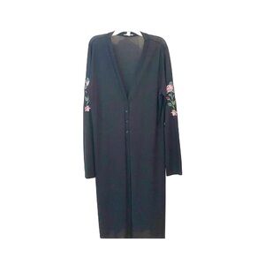 Black Long Cardigan Duster with Floral Embroidery